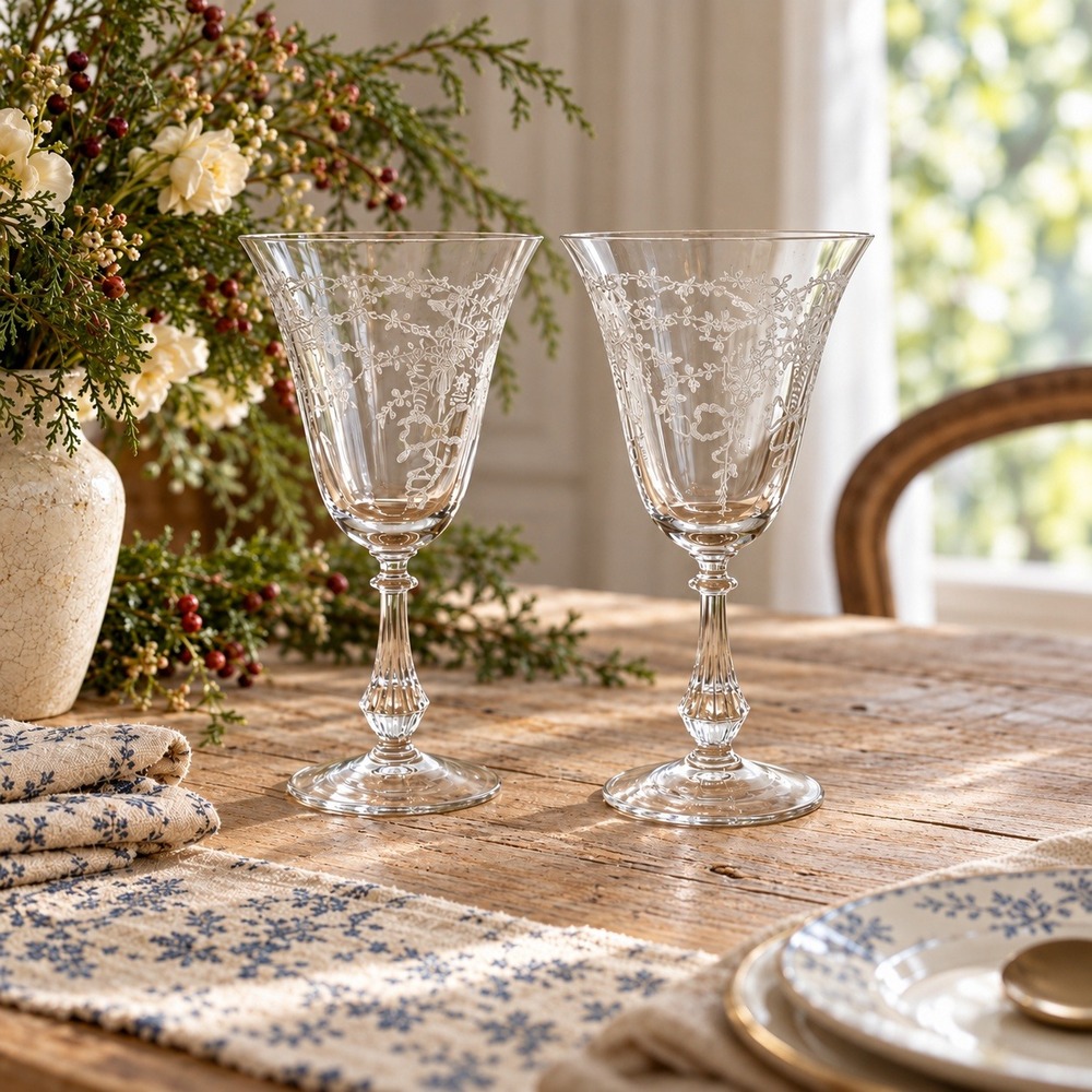 Pair of Etched Floral and Bow Goblets, Romantic Wedding or Anniversary Glasses